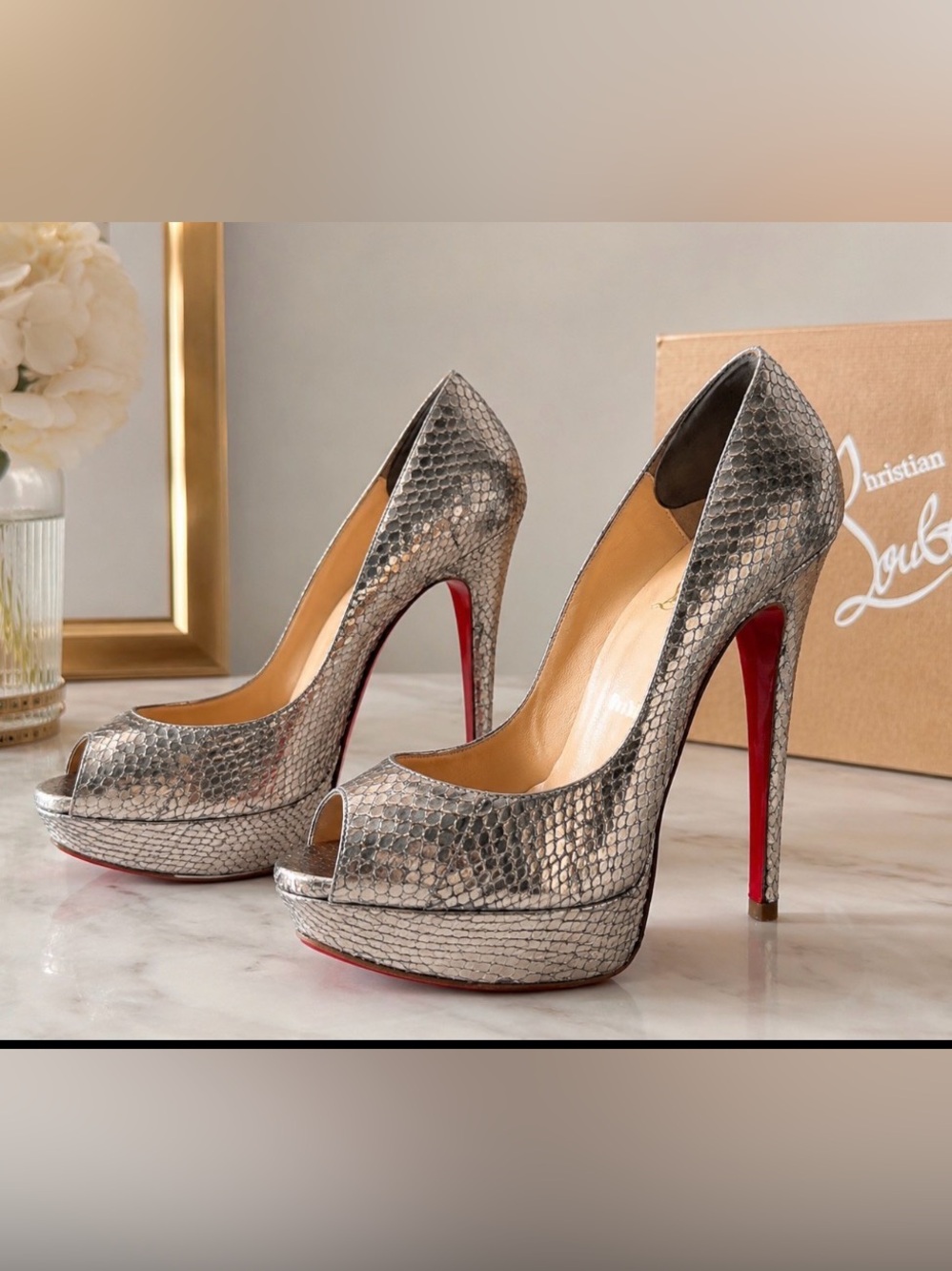 Christian Louboutin Silver Snakeskin Lady Peep Toe Exotic Leather Platform Pumps